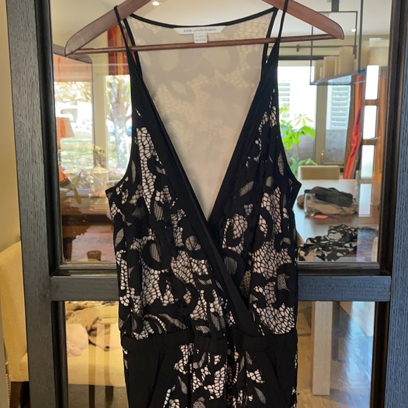 Diane Von Fustenberg black lace and champagne silk vneck jumpsuit. Size 8. - Picture 3 of 6